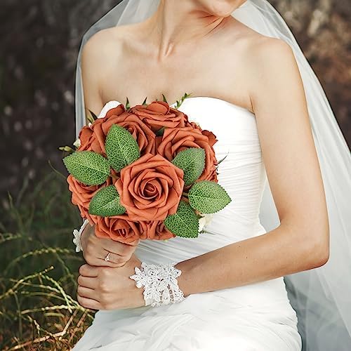 Burnt Orange Rose 25pcs Real Looking Artificial Flowers w/Stem in Burnt Orange, alternate view 2