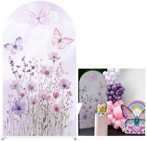 Butterfly Arched Backdrop Cover Spring Pink Purple Flowers Stretchy Arched Stand Cover for Girls Birthday Party