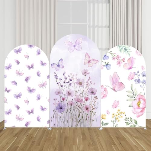 Butterfly Arched Backdrop Cover Spring Pink Purple Flowers Stretchy Arched Stand Cover for Girls Birthday Party, alternate