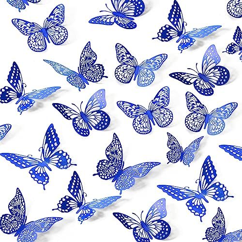 Butterfly Wall Stickers, 48 Pcs 4 Styles 3 Sizes, Metallic Paper, Removable, Navy Blue, Art Deco Decor for Wall