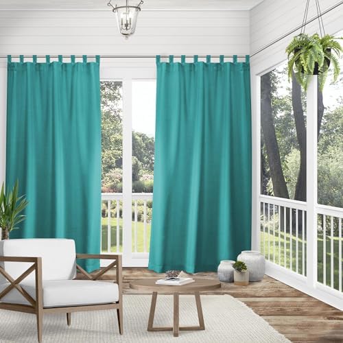 Cabana Solid Indoor/Outdoor Light Filtering Hook-and-Loop Tab Top Curtain Panel Pair, 54"x120", Teal in Teal, alternate view