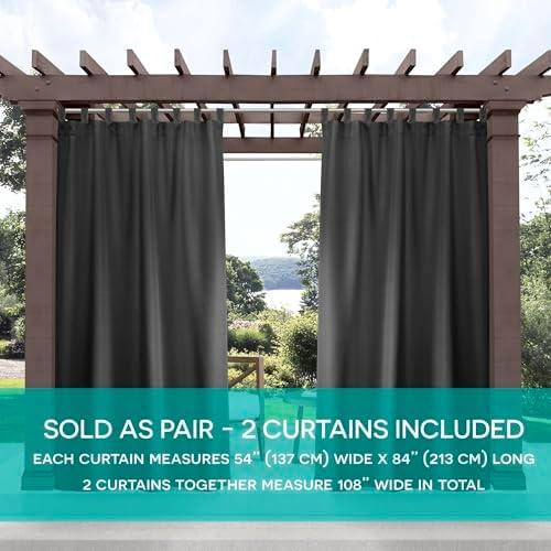 Cabana Solid Indoor/Outdoor Light Filtering Hook-and-Loop Tab Top Curtain Panel Pair, 54"x120", Charcoal in, alternate view 6