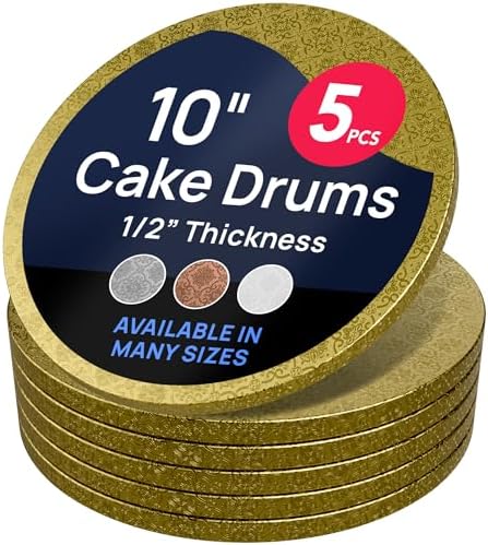 Cake Board, Gold Foil Round Cake Circles with Gorgeous Design, Sturdy & Durable 1/2” Thick Cake Drums, Round