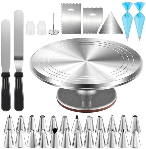 Cake Decorating Kit 35 Pieces - 24 Piping Tips Set with 12 Inch Turntable, Reusable Pastry Bag, Icing Spatula