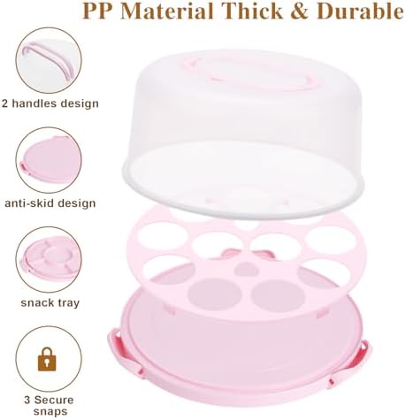 Cake Holder, BPA-Free 10 inch Cake Container with 2 Handles Cupcake Carrier in 10 inches in Pink, alternate view 6