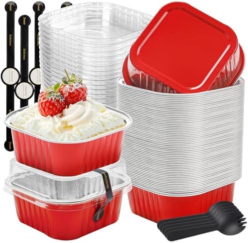 Cake Pans with Lids, Red 50 Pack for Parties in 10 oz in Red