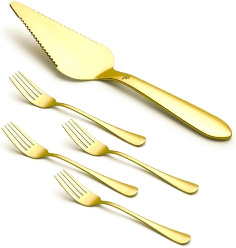 Cake Pie Server with 4Pcs Forks, Pizza Cutter Serrated, Gold in Gold