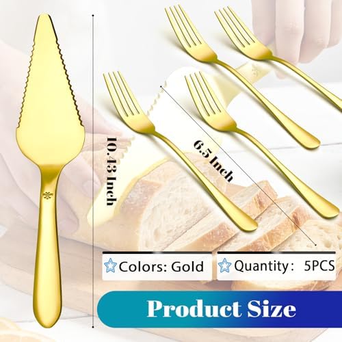 Cake Pie Server with 4Pcs Forks, Pizza Cutter Serrated, Gold in Gold, alternate view 2