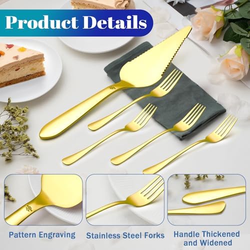 Cake Pie Server with 4Pcs Forks, Pizza Cutter Serrated, Gold in Gold, alternate view 3