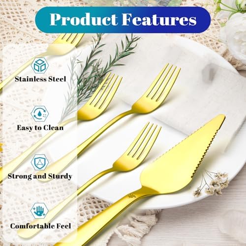 Cake Pie Server with 4Pcs Forks, Pizza Cutter Serrated, Gold in Gold, alternate view 5