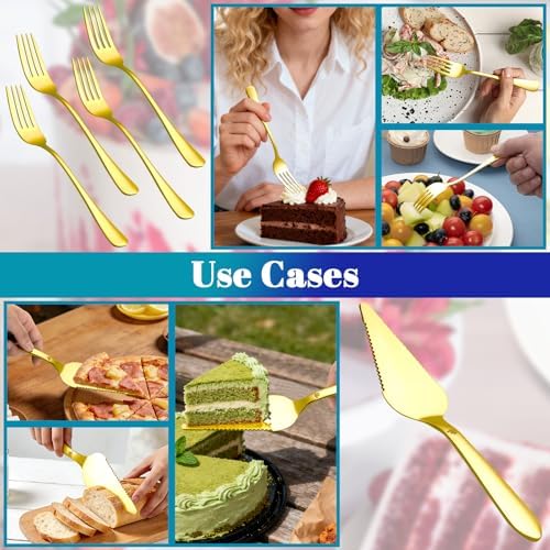 Cake Pie Server with 4Pcs Forks, Pizza Cutter Serrated, Gold in Gold, alternate view 6