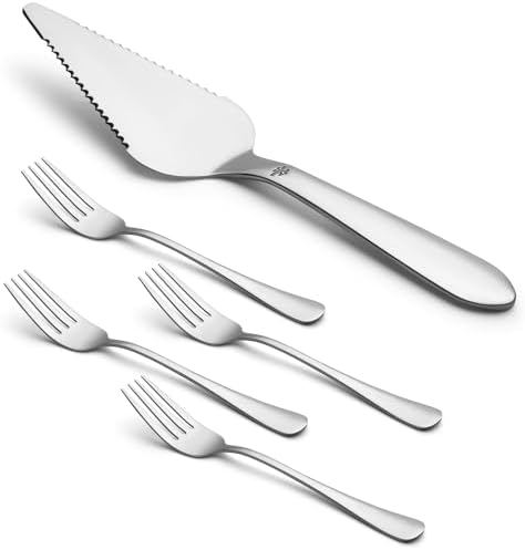 Cake Pie Server with 4Pcs Forks, Pizza Cutter Serrated, Silver in Silver
