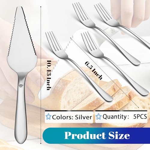 Cake Pie Server with 4Pcs Forks, Pizza Cutter Serrated, Silver in Silver, alternate view 2