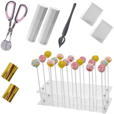 Cake Pop Kit Included 200 pcs 6 inch Lollipop Sticks and 200 pcs Clear Wrappers, 18 hole Clear Acrylic Display