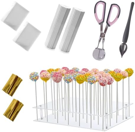 Cake Pop Kit Including 200 pcs 6 inch Lollipop Sticks and 200 Clear Wrappers, 35 Hole Clear Acrylic Display
