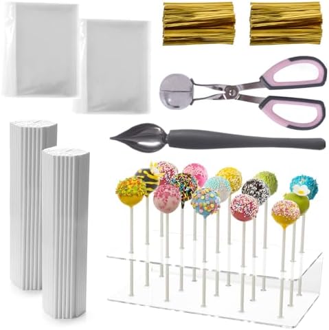 Cake Pop Kit Including 200 pcs 6 inch Lollipop Sticks and 200 pcs Clear Wrappers, 15 hole Clear Acrylic Display