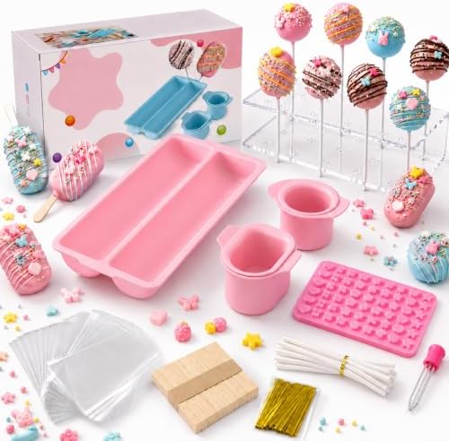 Cake Pop Mold Set with Cakesicle Mold Cutter, Acrylic Stand, Treat Bags, Sticks, Twist Ties and Decoration Mold