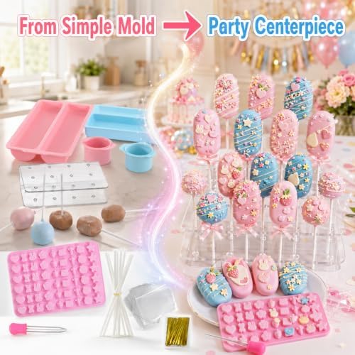 Cake Pop Mold Set with Cakesicle Mold Cutter, Acrylic Stand, Treat Bags, Sticks, Twist Ties and Decoration Mold, alternate