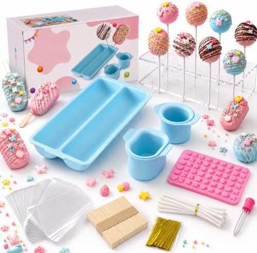 Cake Pop Mold Set with Cakesicle Mold Cutter, Acrylic Stand, Treat Bags, Sticks, Twist Ties and Decoration Mold