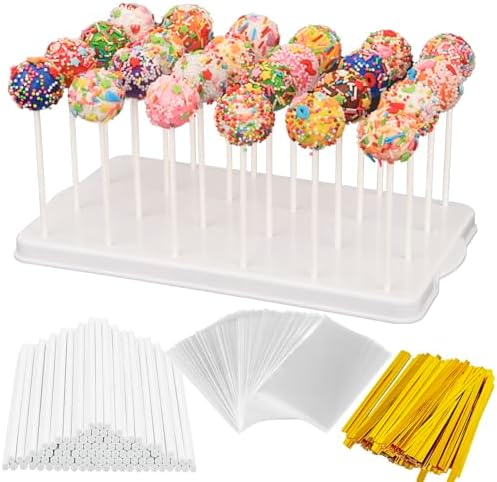 Cake Pop Stand Kit, 24 Holes Lollipop Display Holder with 100 Pcs Cake Pop Sticks, 100 Pcs Wrappers Bags, 100