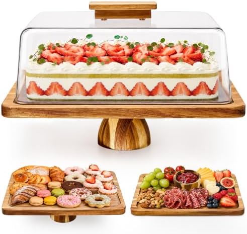 Cake Stand, 2 in-1 Cake Stand with Lid, 16” x 12.4” Acacia Wood Cake Holder in Nature Wood