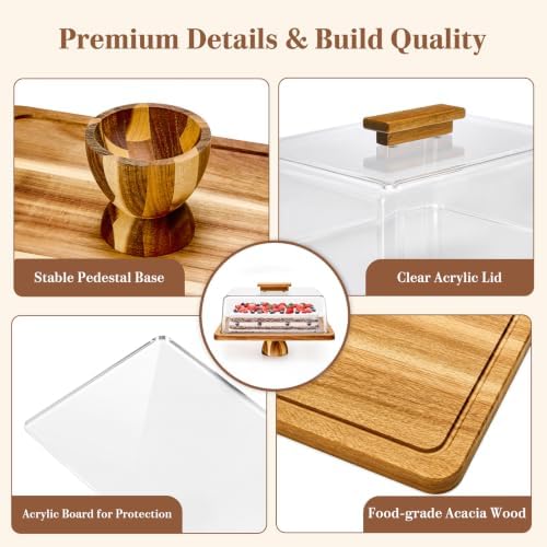 Cake Stand, 2 in-1 Cake Stand with Lid, 16” x 12.4” Acacia Wood Cake Holder in Nature Wood, alternate view 5