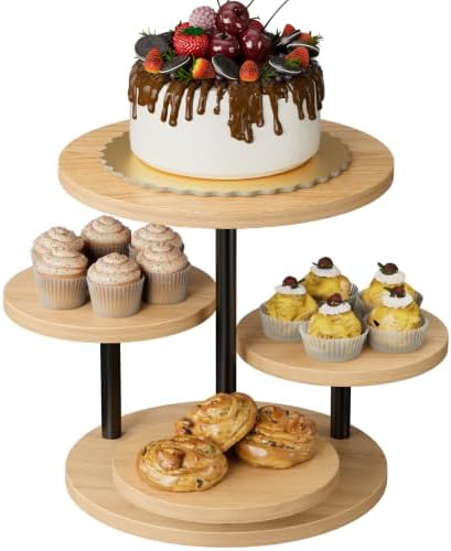 Cake Stand for 50 Cupcakes 360°Rotating Wooden Cupcake Display Stand Round Cookie Stands 4 Tiered Tray Stand for