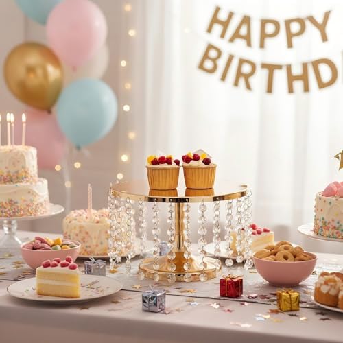 Cake Stand for Dessert Table 10 Inch Gold Crystal Pendants Metal Cake Stand Serves as A Round Dessert Cupcake, alternate view