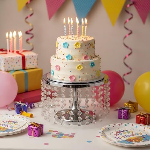 Cake Stand for Dessert Table 10 Inch Silver Crystal Pendants Metal Cake Stand Serves as A Round Dessert Cupcake, alternate