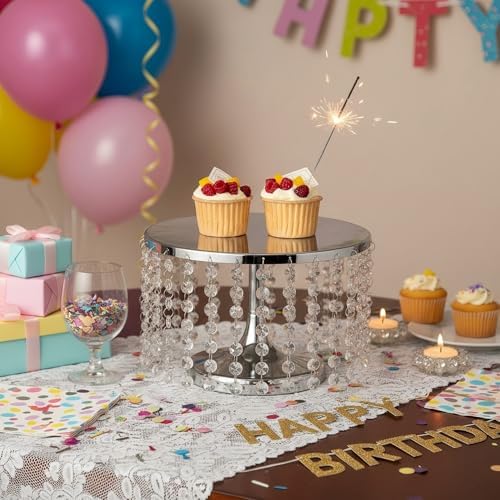 Cake Stand for Dessert Table 10 Inch Silver Crystal Pendants Metal Cake Stand Serves as A Round Dessert Cupcake, alternate