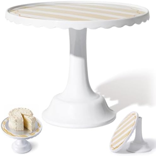 Cake Stand for Desserts & Entertaining- White/Tan Stripe, 10.5" in White/Tan Stripe