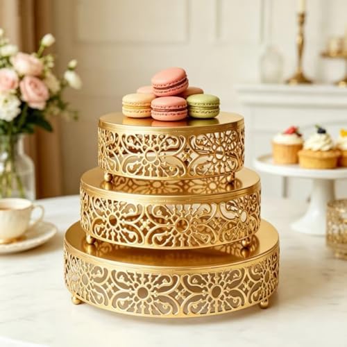 Cake Stand Set, 3Pcs Round Metal, Dessert Cupcake Pastry Candy Display Plate for Wedding, Event, Birthday Party, alternate