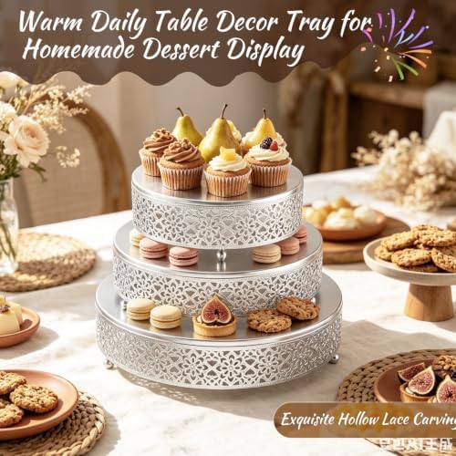 Cake Stand Set of 3 Metal Cupcake Stands Dessert Display Plate for Wedding Party Birthday (3 Pcs, Matte Silver), alternate