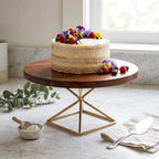 Cake Stand, Teak Wood with Steel Base, Round Cupcake Stand in 12 Inches in Brown 02