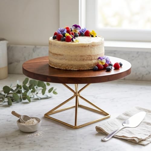 Cake Stand, Teak Wood with Steel Base, Round Cupcake Stand in 12 Inches in Brown 02