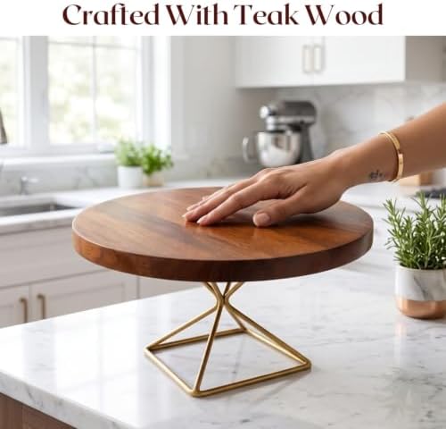 Cake Stand, Teak Wood with Steel Base, Round Cupcake Stand in 12 Inches in Brown 02, alternate view 3