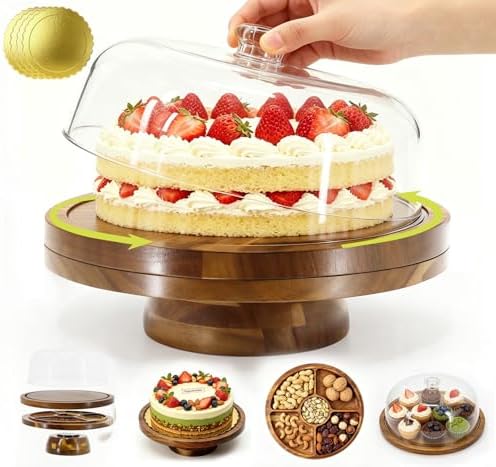 Cake Stand with Dome Lid, Acacia Wood Cake Plate with Cover in Wood