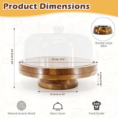 Cake Stand with Dome Lid, Acacia Wood Cake Plate with Cover in Wood, alternate view 3