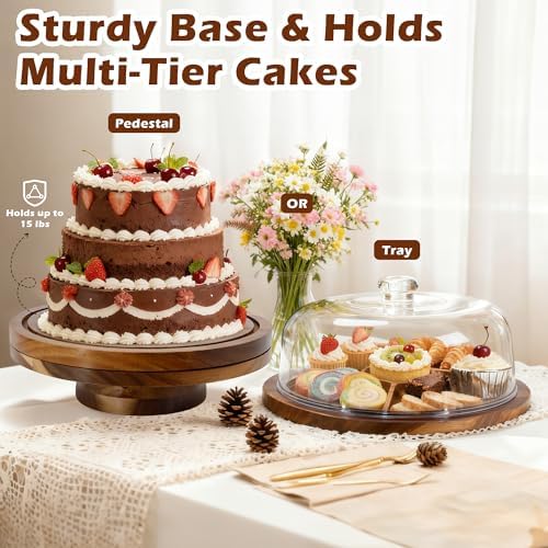 Cake Stand with Dome Lid, Acacia Wood Cake Plate with Cover in Wood, alternate view 7
