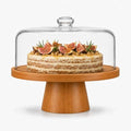 Cake Stand with Glass Lid, 11" Magnetic Bamboo Base for Parties & Kitchen in Brown