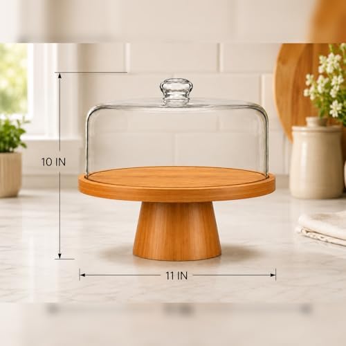 Cake Stand with Glass Lid, 11" Magnetic Bamboo Base for Parties & Kitchen in Brown, alternate view 3