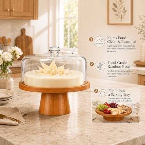 Cake Stand with Glass Lid, 11" Magnetic Bamboo Base for Parties & Kitchen in Brown, alternate view 4