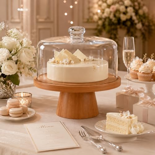 Cake Stand with Glass Lid, 11" Magnetic Bamboo Base for Parties & Kitchen in Brown, alternate view 5