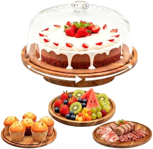 Cake Stand with Lid, 10.8'' Acrylic Dome, Rotating Acacia Wood in Wood-Rotatable