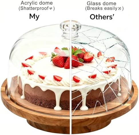 Cake Stand with Lid, 10.8'' Acrylic Dome, Rotating Acacia Wood in Wood-Rotatable, alternate view 3