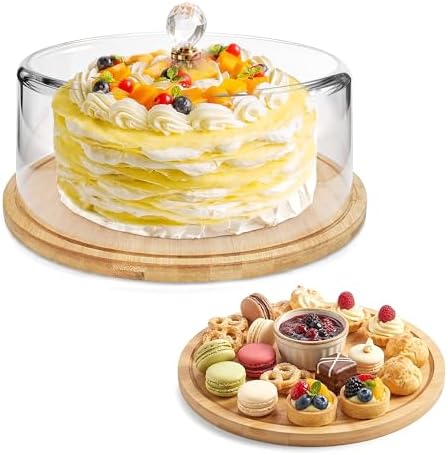 Cake Stand with Lid 12.8in Bamboo Cake Plate with Dome Cover Cake Display Server Tray Holder for Birthday Party