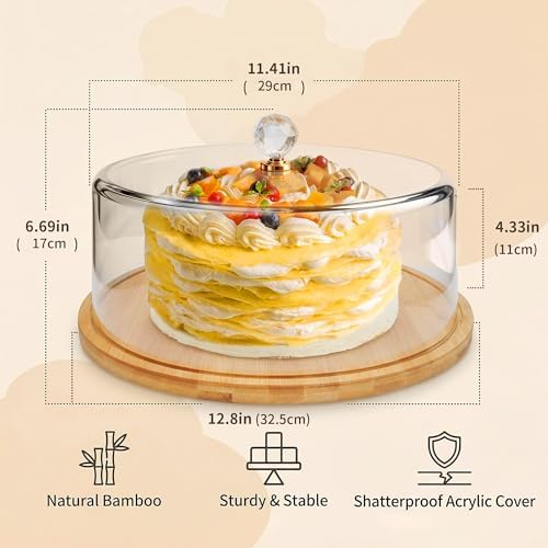 Cake Stand with Lid 12.8in Bamboo Cake Plate with Dome Cover Cake Display Server Tray Holder for Birthday Party, alternate