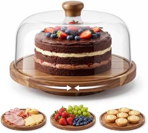 Cake Stand with Lid 360°Rotating Cake Stand & Cake Turntable 11.4 Inch Wooden Cake Stand with Lid Clear Acrylic
