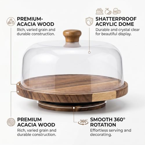 Cake Stand with Lid 360°Rotating Cake Stand & Cake Turntable 11.4 Inch Wooden Cake Stand with Lid Clear Acrylic, alternate