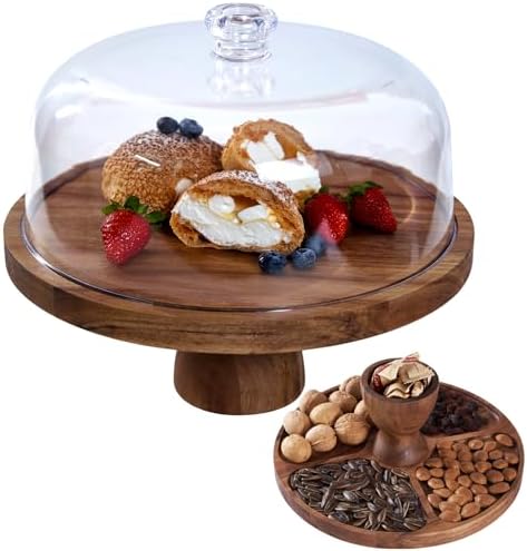 Cake Stand with Lid, Multi-Functional 12in Round Cake Holder, Acacia Wood 2-in-1 Dessert Table Display Set